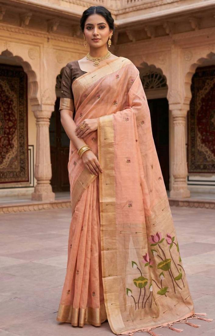 soft pure muga cotton  saree with meenakari  weaving  motifs and contrast blouse