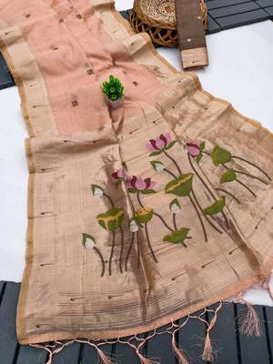 soft muga cotton saree with meenakari weaving motifs and contrast blouse 2