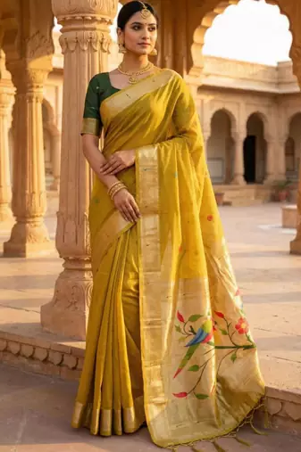 soft pure muga cotton  saree with meenakari  weaving  motifs and contrast blouse