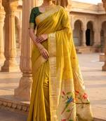soft muga cotton  saree with meenakari  weaving  motifs and contrast blouse