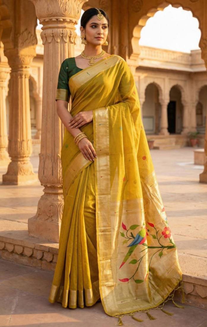 soft pure muga cotton  saree with meenakari  weaving  motifs and contrast blouse