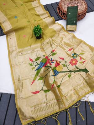 soft muga cotton saree with meenakari weaving motifs and contrast blouse 2