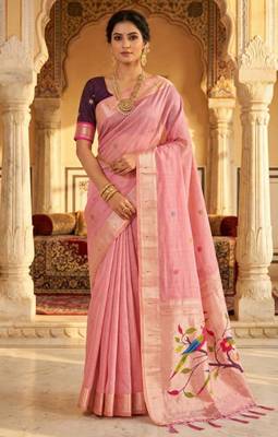 soft muga cotton saree with meenakari weaving motifs and contrast blouse 1