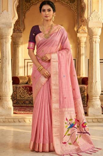 soft pure muga cotton  saree with meenakari  weaving  motifs and contrast blouse