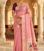 soft muga cotton  saree with meenakari  weaving  motifs and contrast blouse
