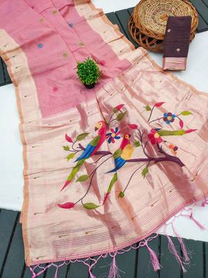 soft muga cotton saree with meenakari weaving motifs and contrast blouse 2