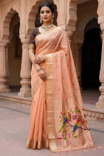soft pure muga cotton  saree with meenakari  weaving  motifs and contrast blouse