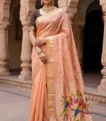 soft muga cotton  saree with meenakari  weaving  motifs and contrast blouse