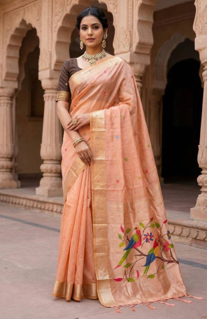 soft pure muga cotton  saree with meenakari  weaving  motifs and contrast blouse