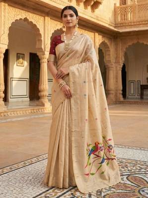 soft muga cotton saree with meenakari weaving motifs and contrast blouse 1