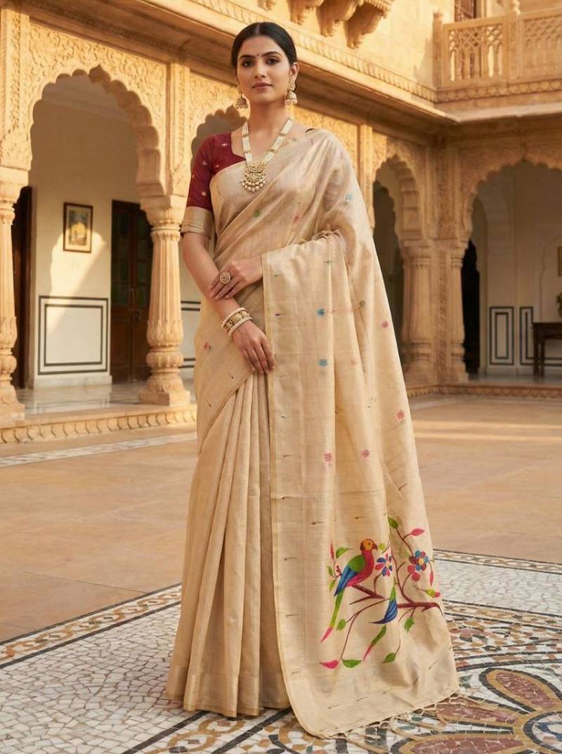 soft pure muga cotton  saree with meenakari  weaving  motifs and contrast blouse