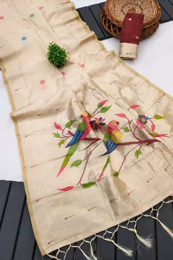 soft muga cotton saree with meenakari weaving motifs and contrast blouse