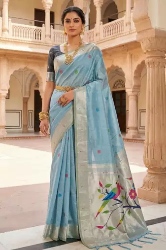 soft pure muga cotton  saree with meenakari  weaving  motifs and contrast blouse