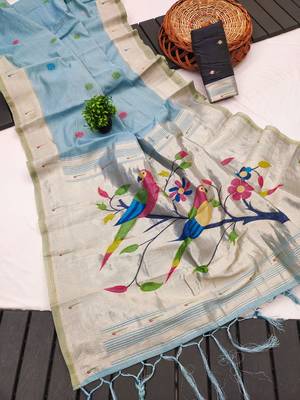 soft muga cotton saree with meenakari weaving motifs and contrast blouse 2