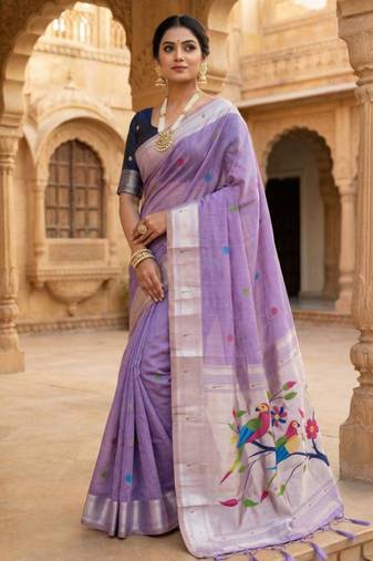 soft pure muga cotton  saree with meenakari  weaving  motifs and contrast blouse