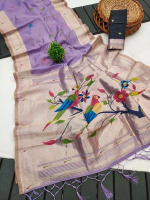 soft muga cotton saree with meenakari weaving motifs and contrast blouse 2