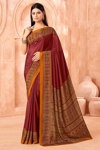 Maroon traditional floral print silk crepe modern style saree with blouse