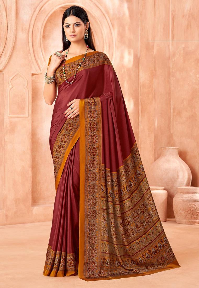Maroon traditional floral print silk crepe modern style saree with blouse