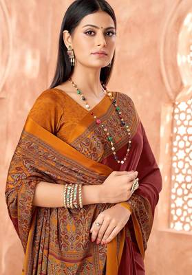 Maroon traditional floral print silk crepe modern style saree with blouse 2