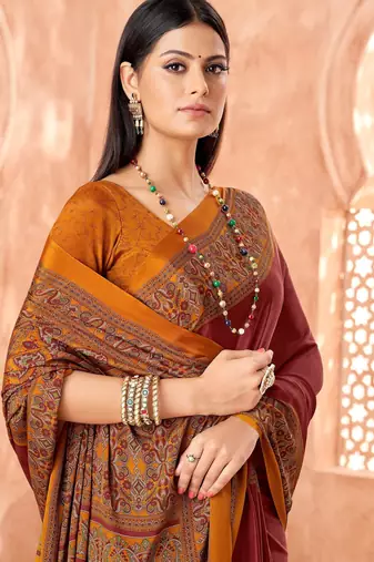Maroon traditional floral print silk crepe modern style saree with blouse