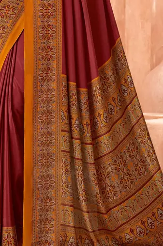 Maroon traditional floral print silk crepe modern style saree with blouse