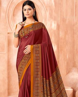 Maroon traditional floral print silk crepe modern style saree with blouse 4