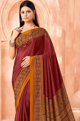 Maroon traditional floral print silk crepe modern style saree with blouse