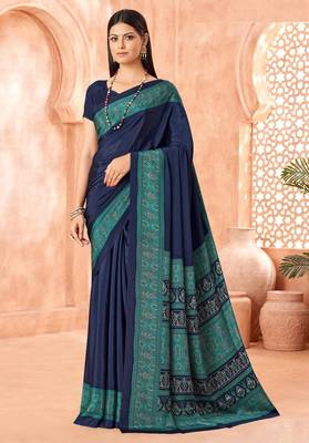 Navy blue traditional floral print silk crepe modern style saree with blouse 1