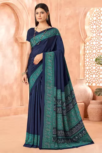 Navy blue traditional floral print silk crepe modern style saree with blouse