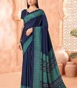 Navy blue traditional floral print silk crepe modern style saree with blouse
