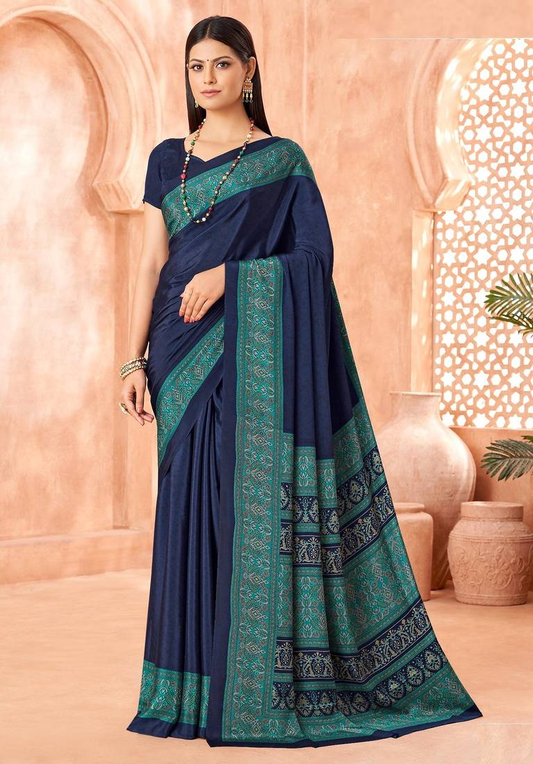 Navy blue traditional floral print silk crepe modern style saree with blouse