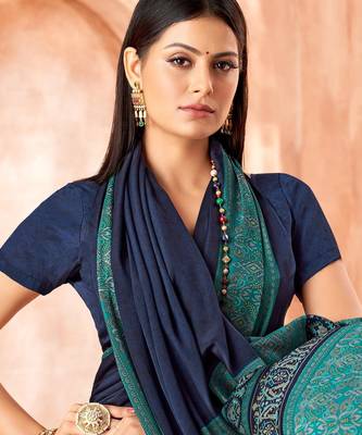 Navy blue traditional floral print silk crepe modern style saree with blouse 2