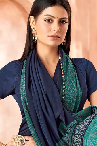 Navy blue traditional floral print silk crepe modern style saree with blouse