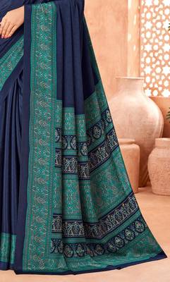Navy blue traditional floral print silk crepe modern style saree with blouse 3