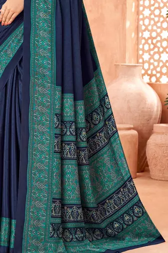 Navy blue traditional floral print silk crepe modern style saree with blouse