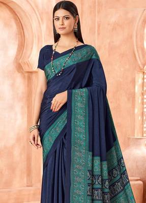Navy blue traditional floral print silk crepe modern style saree with blouse 4