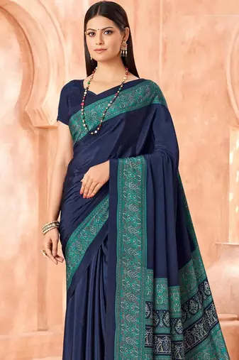 Navy blue traditional floral print silk crepe modern style saree with blouse