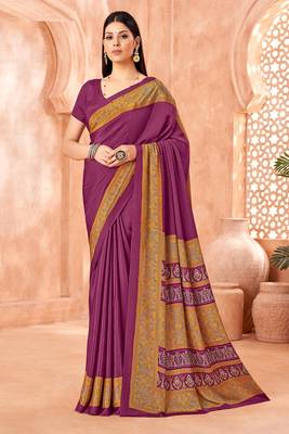 Purple traditional floral print silk crepe modern style saree with blouse 1