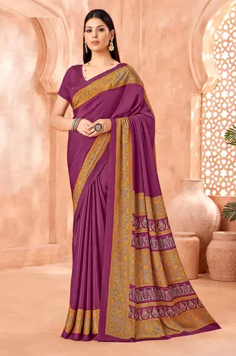 Purple traditional floral print silk crepe modern style saree with blouse
