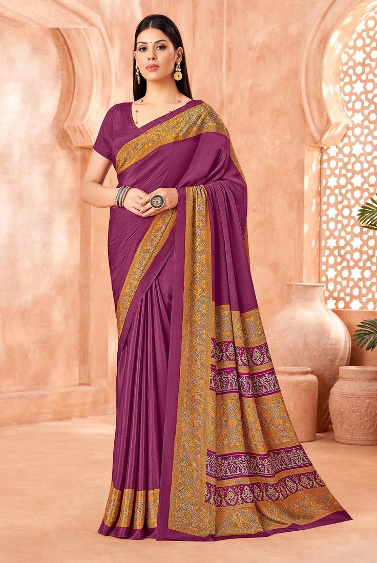 Purple traditional floral print silk crepe modern style saree with blouse