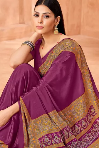 Purple traditional floral print silk crepe modern style saree with blouse