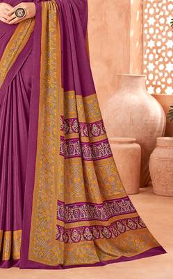 Purple traditional floral print silk crepe modern style saree with blouse 3