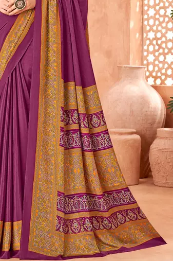 Purple traditional floral print silk crepe modern style saree with blouse