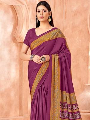 Purple traditional floral print silk crepe modern style saree with blouse 4