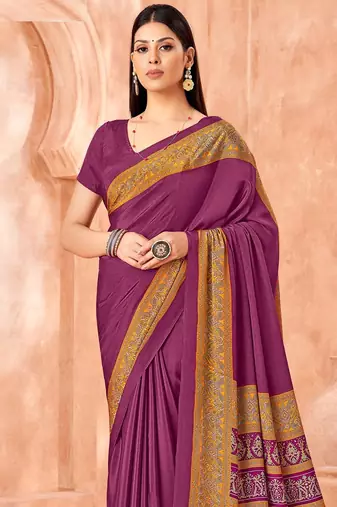 Purple traditional floral print silk crepe modern style saree with blouse