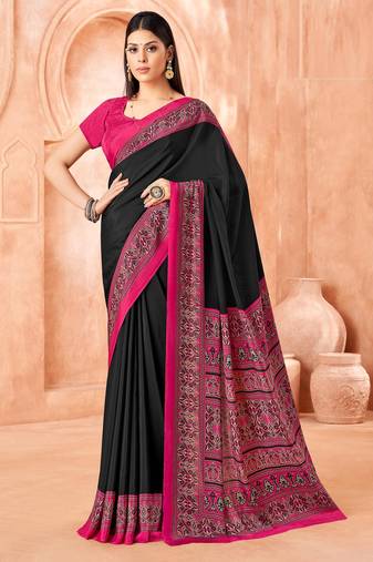 Black traditional floral print silk crepe modern style saree with blouse