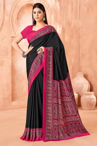 Black traditional floral print silk crepe modern style saree with blouse