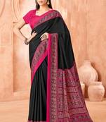 Black traditional floral print silk crepe modern style saree with blouse