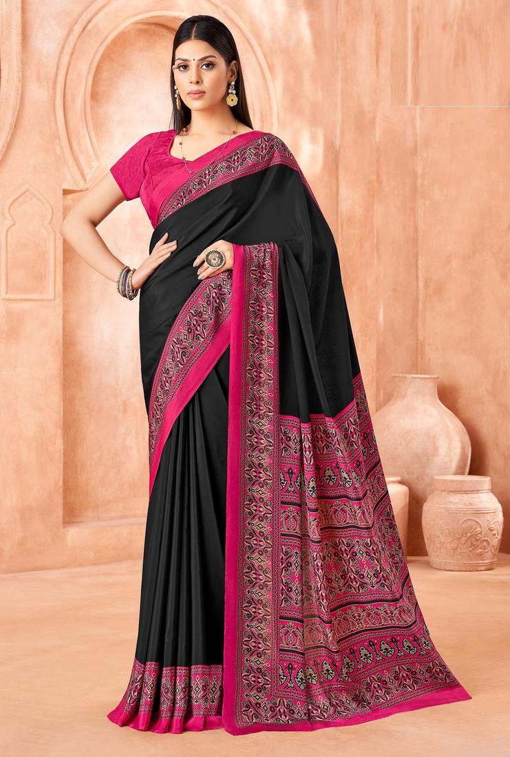 Black traditional floral print silk crepe modern style saree with blouse