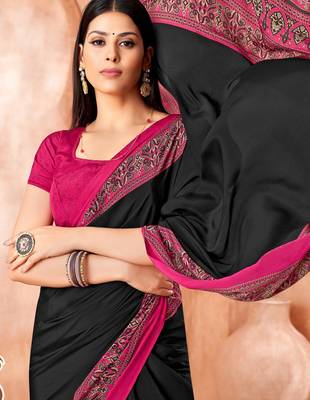 Black traditional floral print silk crepe modern style saree with blouse 2
